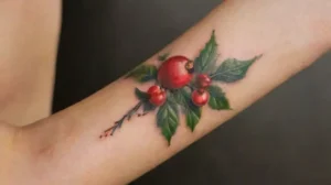 Hyper-realistic Christmas-themed tattoo on forearm