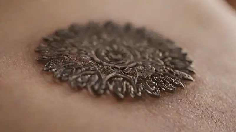 Close-up of navel with intricate piercing