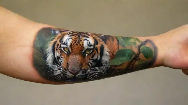 Realistic tiger tattoo with lush natural elements