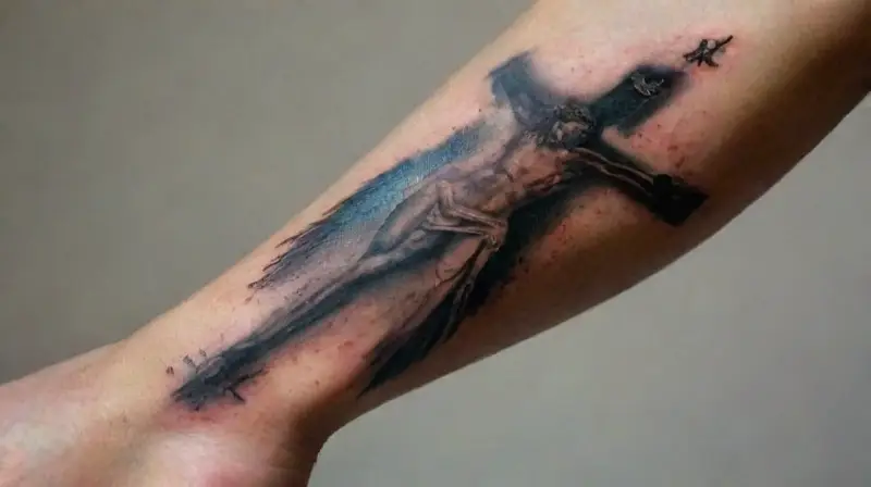 Forearm tattoo with detailed religious imagery