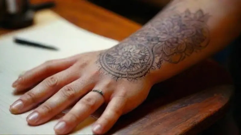 Tattoo artists workspace with detailed arm artwork